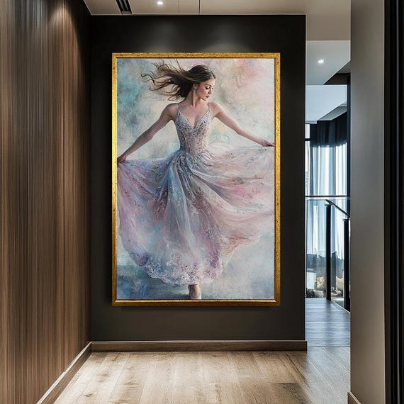 Graceful Dancing Woman Print Elegant Flowing Dress Wall Art Modern Ballet Painting For Bedroom Soft Pastel Colors Customizable Decor