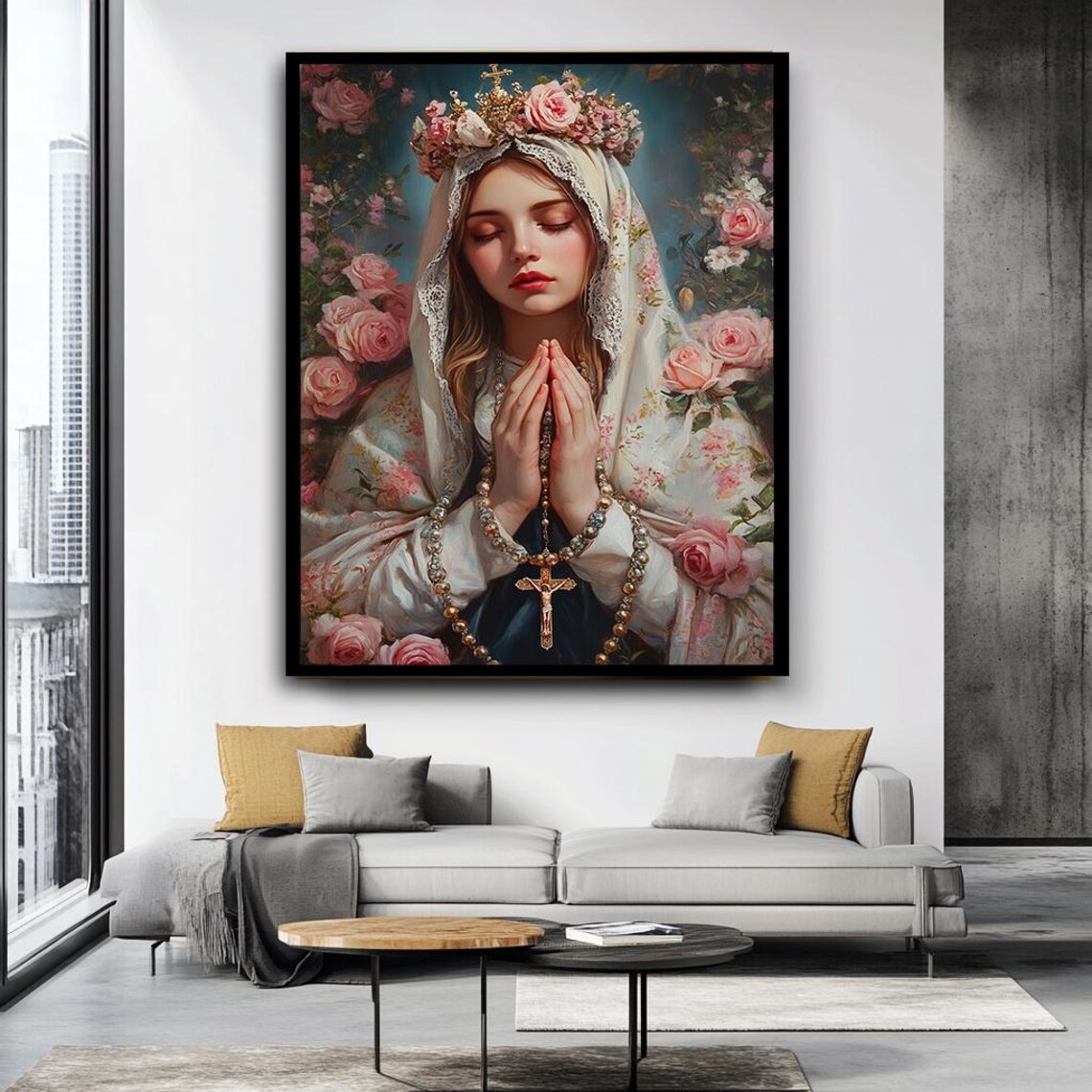 Virgin Mary Praying With Roses Rosary Floral Crown Religious Art Poster - Image 3