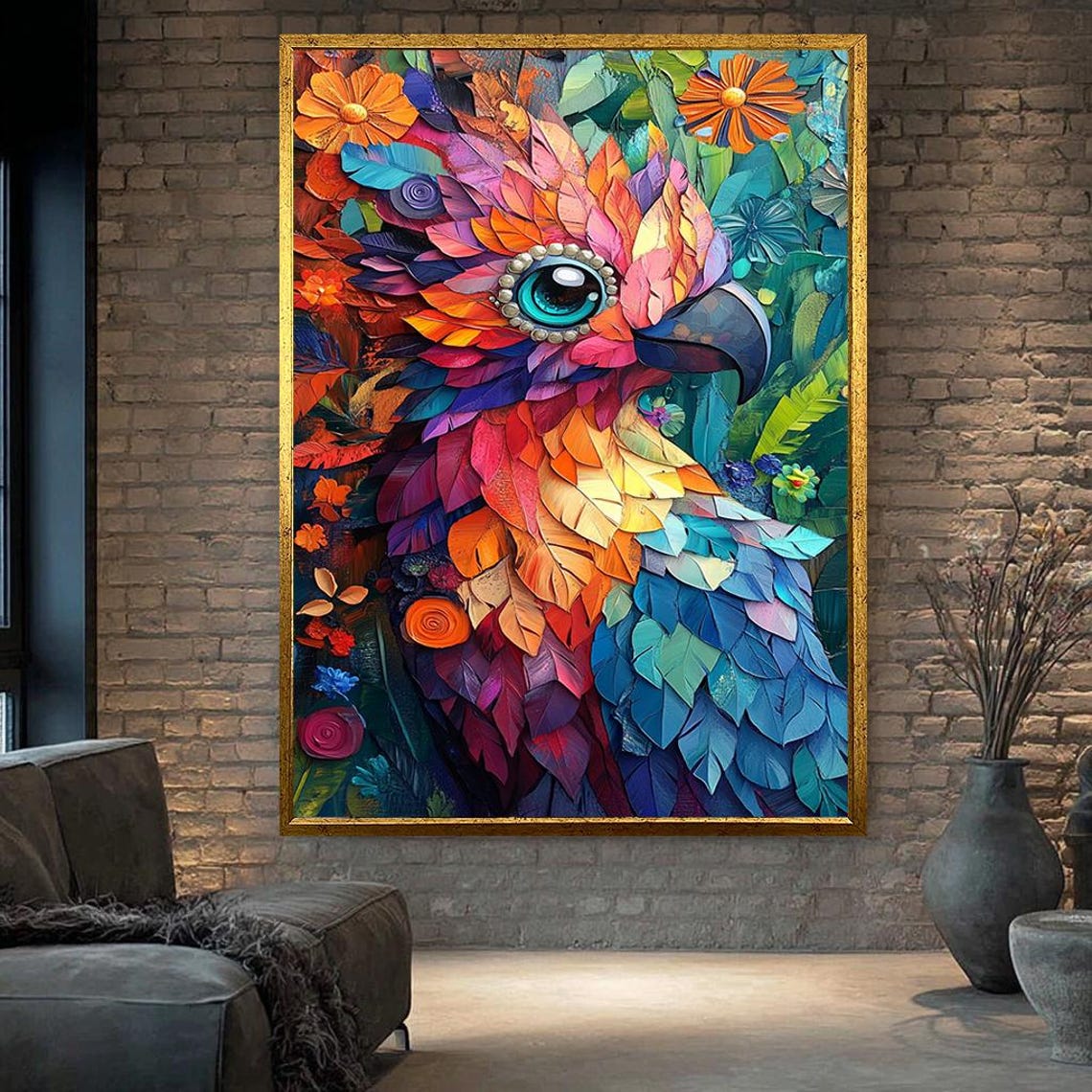Colorful Parrot Mosaic Feathers 3D Texture Tropical Bird Poster