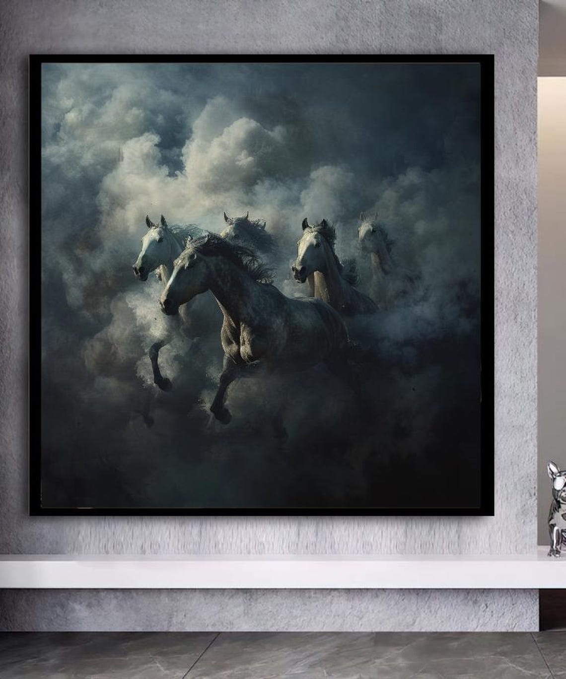 Galloping White Horses Emerging From Mist Dramatic Animal Art Poster - Image 2
