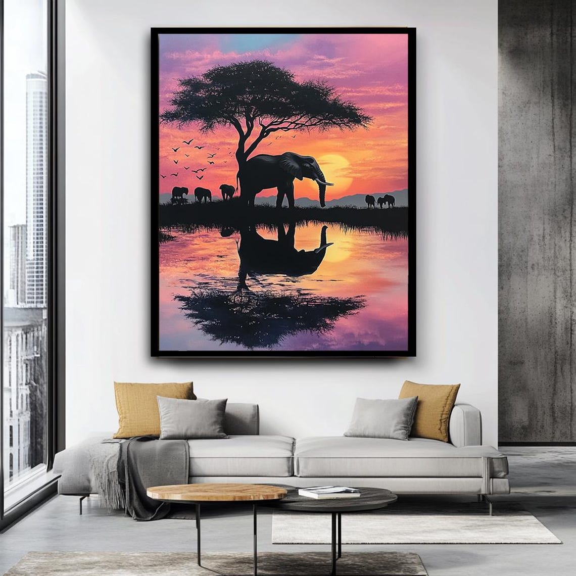African Elephants Sunset Savanna Acacia Tree Water Reflection Poster - Image 4