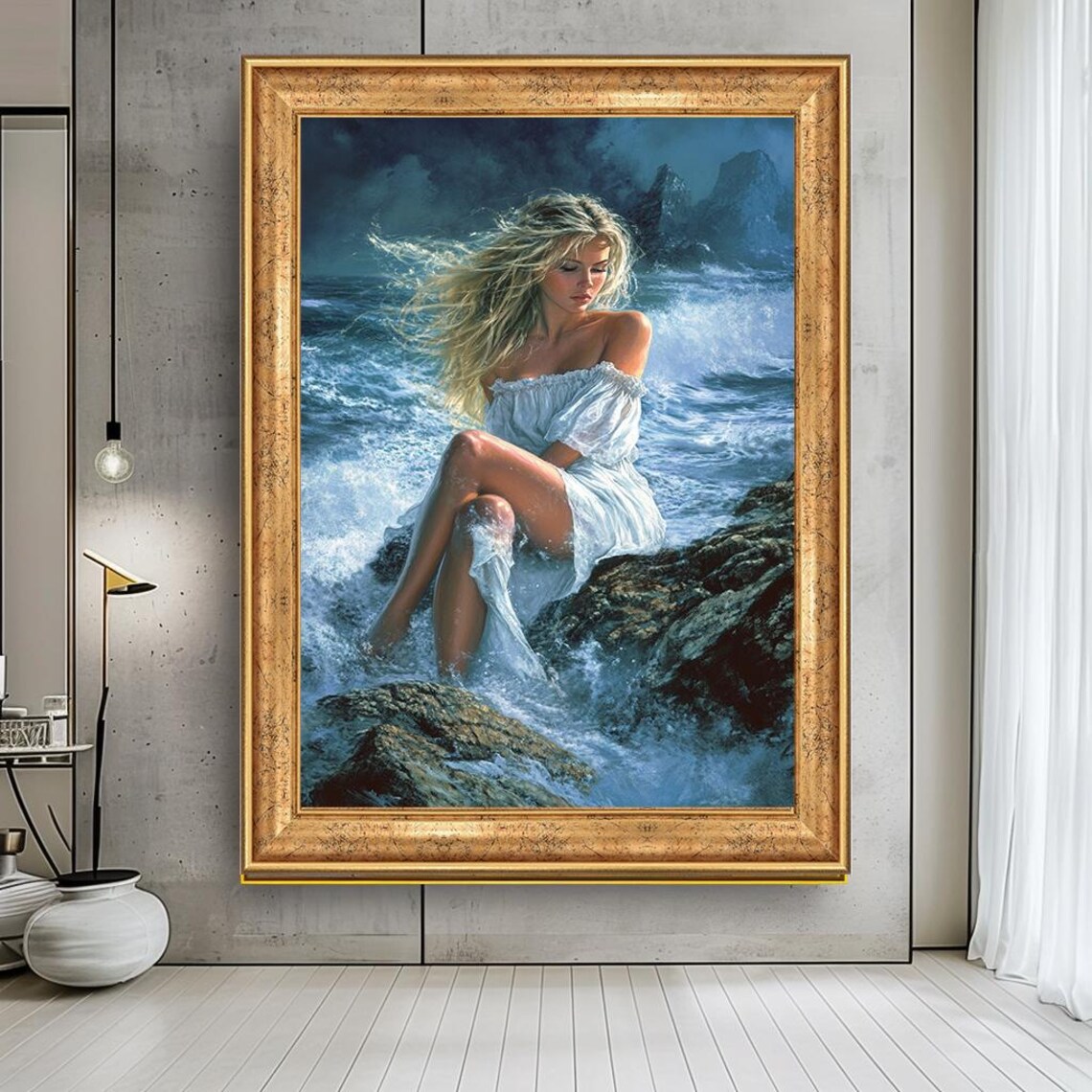 Romantic Woman on Rocks Coastal Wall Art Print