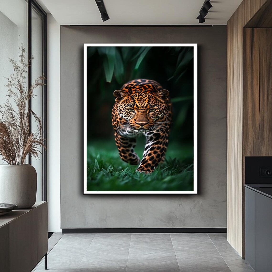 Striking Leopard Prowling Dark Jungle Vivid Wildlife Photo Poster - Image 2