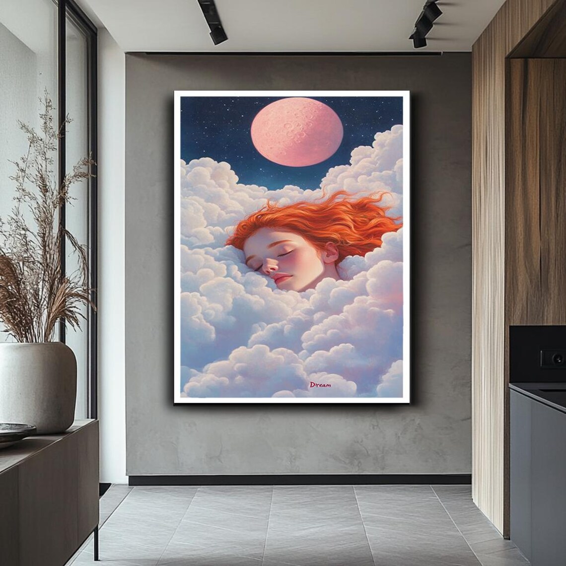 Sleeping Girl In Clouds Pink Moon Dream Surreal Ethereal Wall Art - Image 2