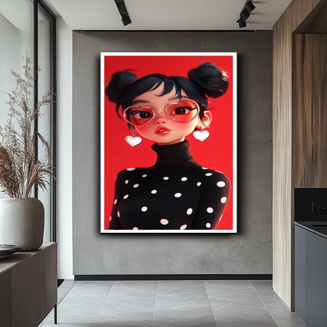 Cartoon Girl Heart Sunglasses Red Background Cute Pop Wall Art - Image 2