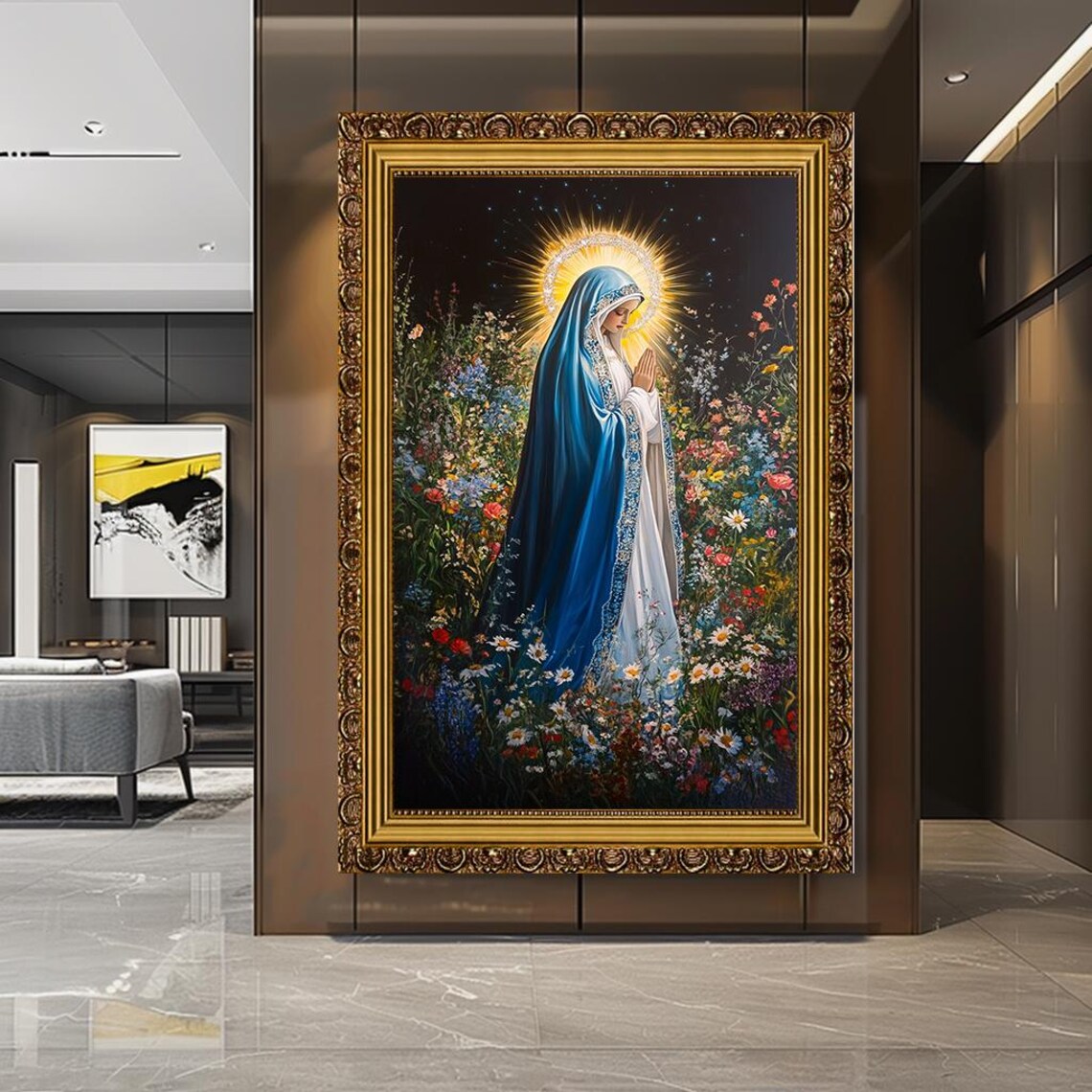 Virgin Mary Floral Religious Art Print for Home - Image 2