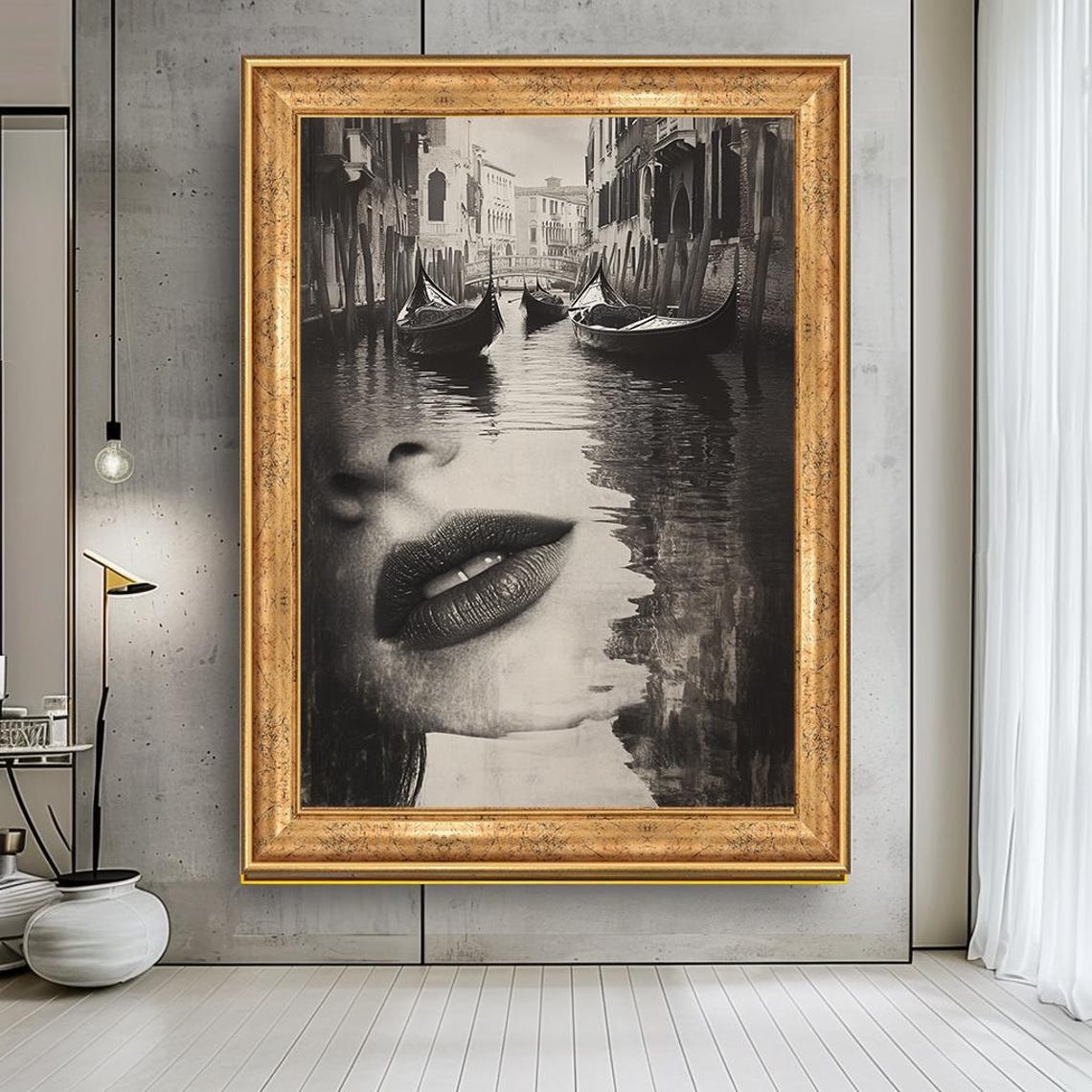 Venice Canal Gondola Double Exposure Lips Surreal Black White Poster