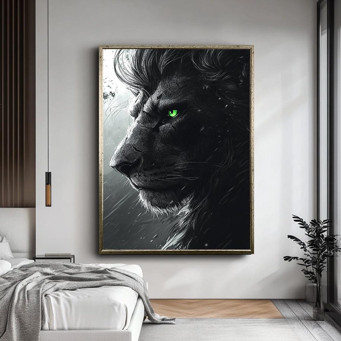 Majestic Black Lion Striking Green Eye Dramatic Wildlife Art Poster - Image 3