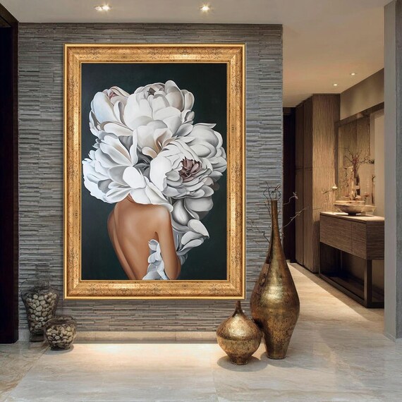 Floral Woman White Peony Blossoms Head Surreal Feminine Art Poster