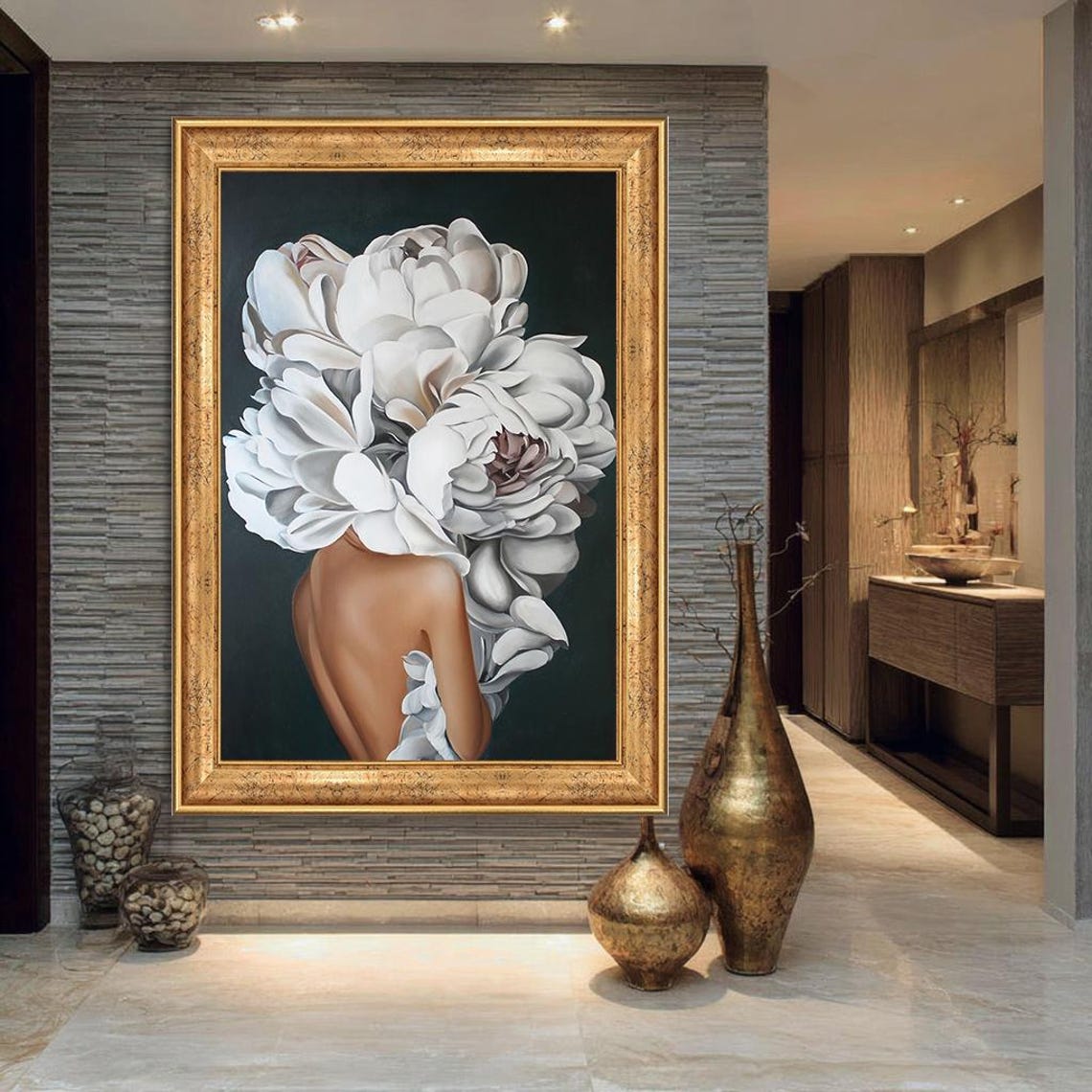 Floral Woman White Peony Blossoms Head Surreal Feminine Art Poster