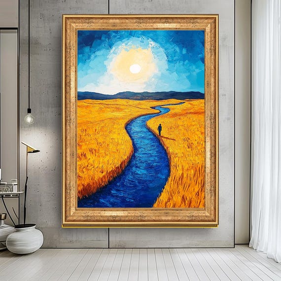 Vibrant Landscape Art Blue River Through Golden Field Sunlit Nature Painting Modern Impressionist Wall Art For Living Room