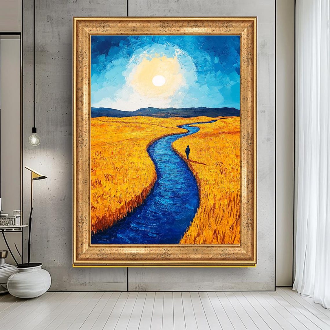 Blue River Through Golden Wheat Field Sunlit Impressionist Art Poster