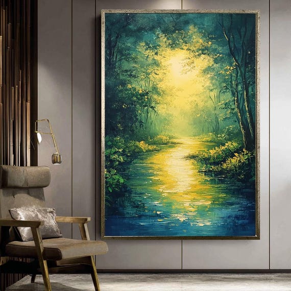 Sunlit Forest River Canvas Serene Nature Wall Art Peaceful Landscape Painting Print Tranquil Green Yellow Decor Calm Home Gift