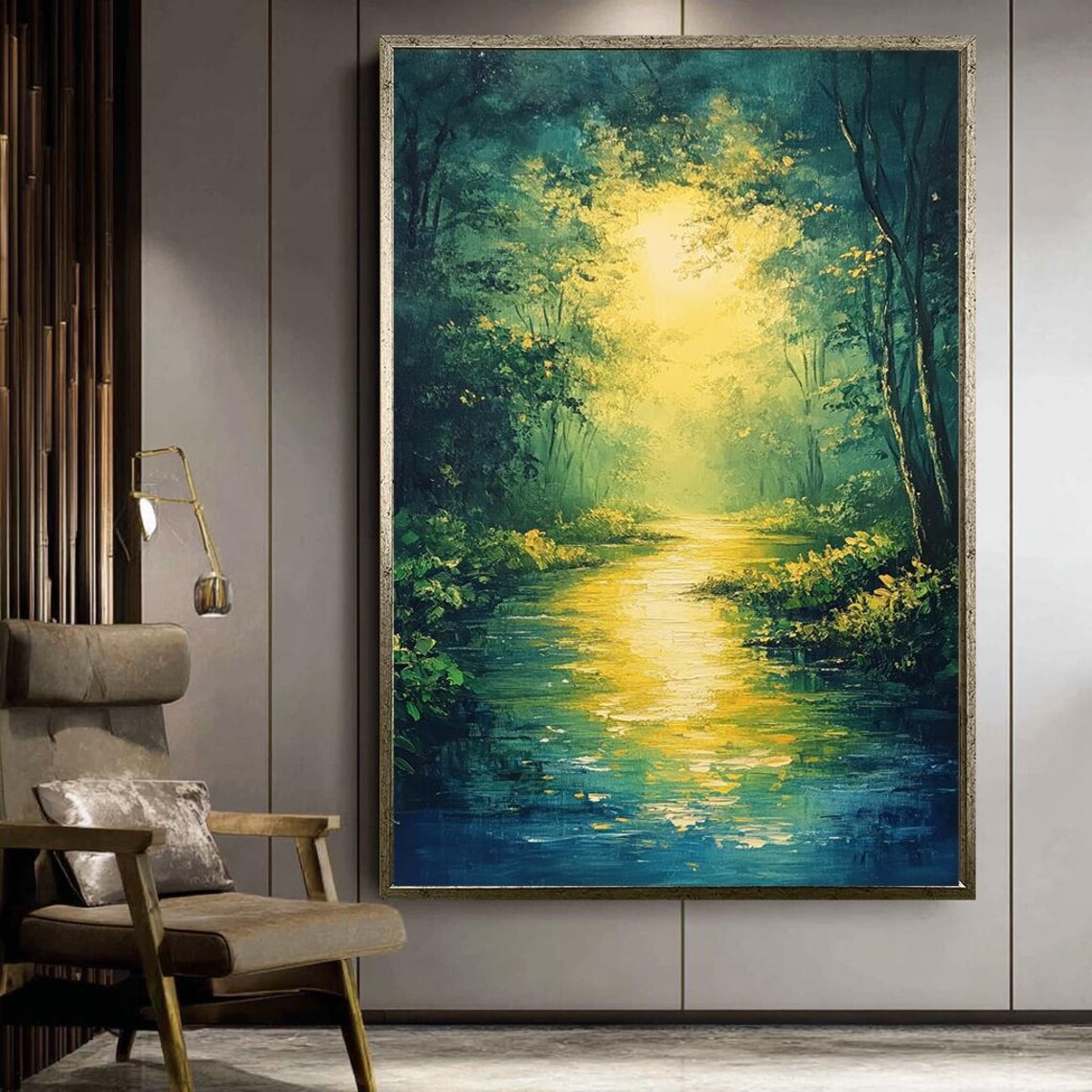 Golden Forest Stream Sunlight Impressionist Woodland River Poster
