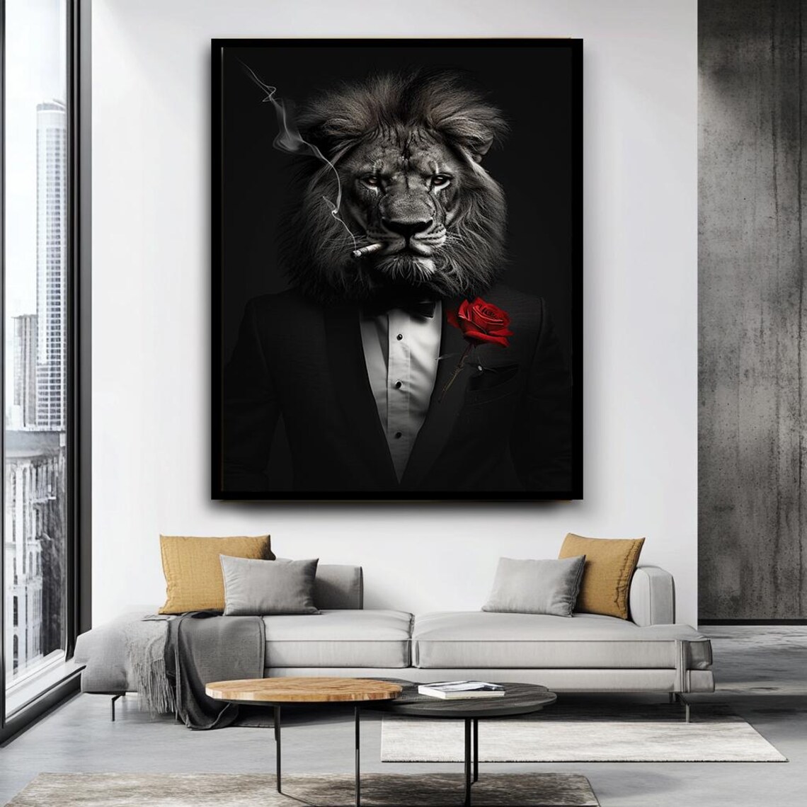 Dapper Lion Tuxedo Cigar Red Rose Sophisticated Animal Wall Art - Image 4