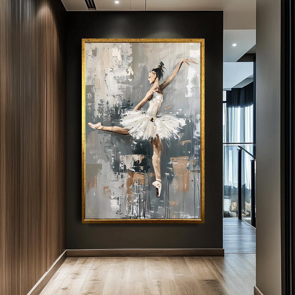 Ballerina In White Tutu Leap Abstract Grey Studio Dance Art Poster - Image 3
