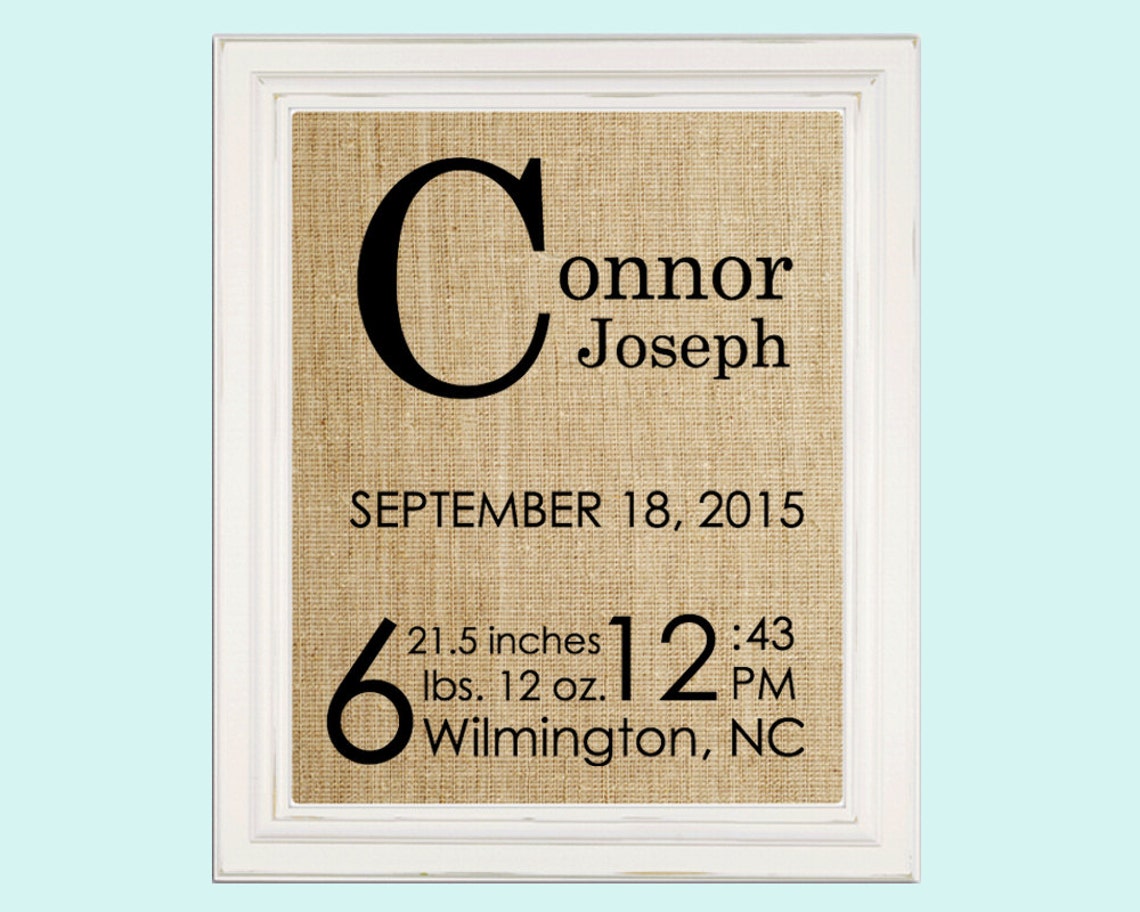 Personalized Baby Birth Stats Announcement Nursery Decor Burlap Print