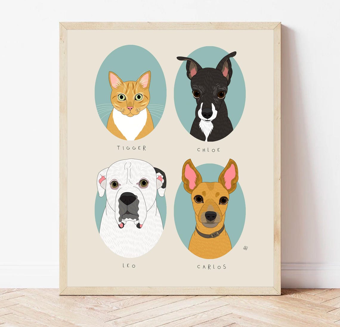Tigger Chloe Leo and Carlos Named Four Pet Portrait Custom Poster