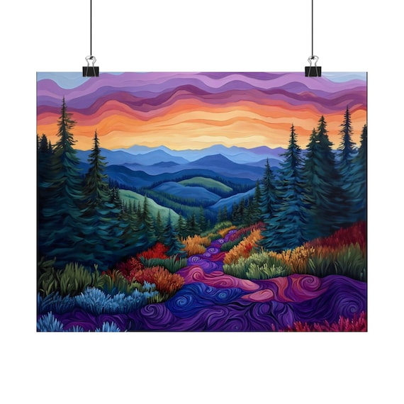 Bright Mountain View Poster Print Landscape Modern Painting Nature Calm Relaxing Wall Print Airbnb Art Wall Decor