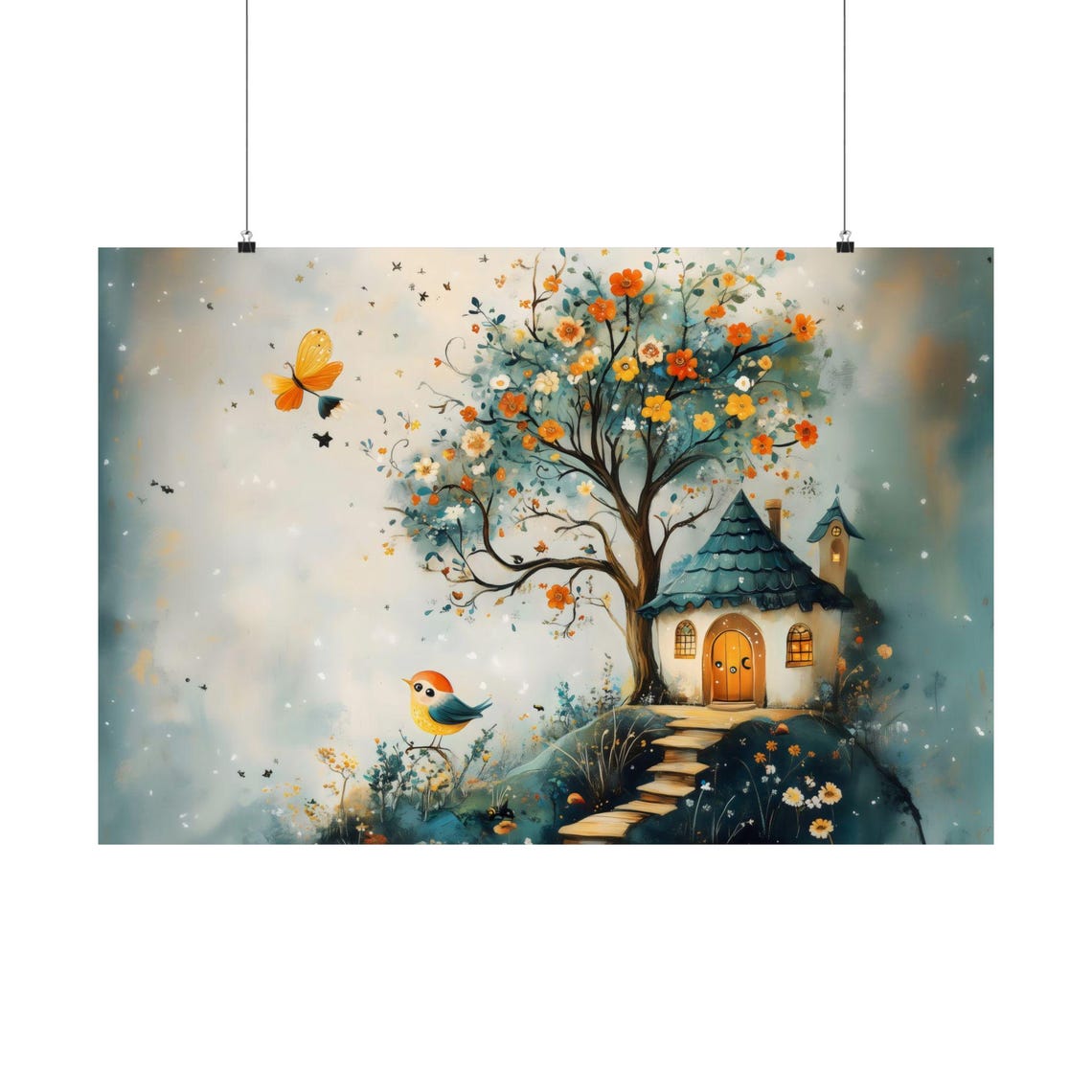 Whimsical Fairy Cottage on Flower Hill With Blossom Tree Poster - Image 3