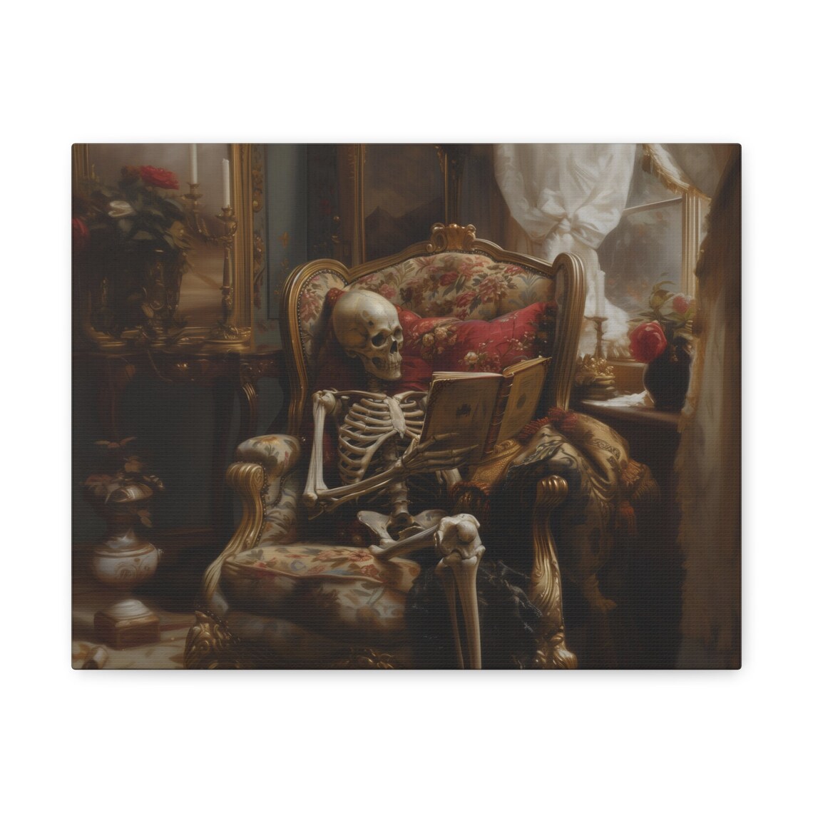 Skeleton Reading Book in Antique Armchair Gothic Moody Art Poster - Image 2