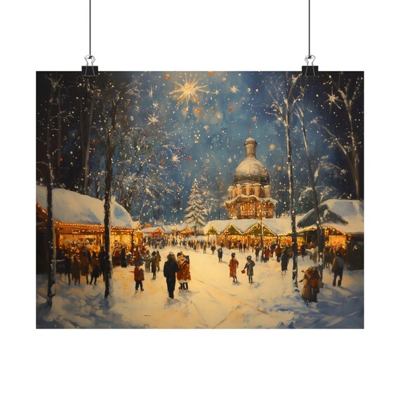 Christmas Market Festival At Night With Fireworks Over Snowy Stalls Poster