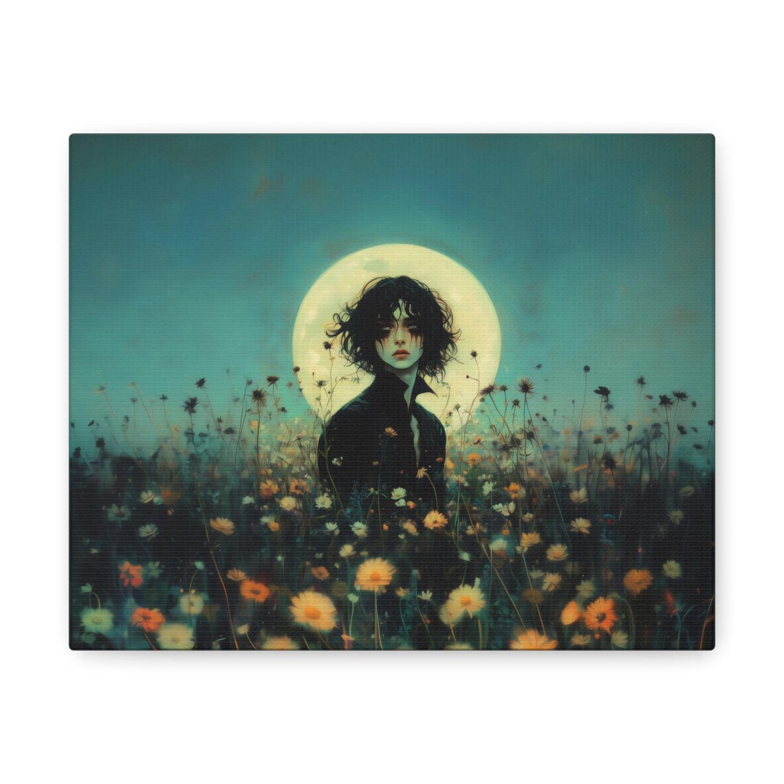 Dark Haired Vampire Among Wildflowers Beneath a Full Moon Gothic Art Poster - Image 2
