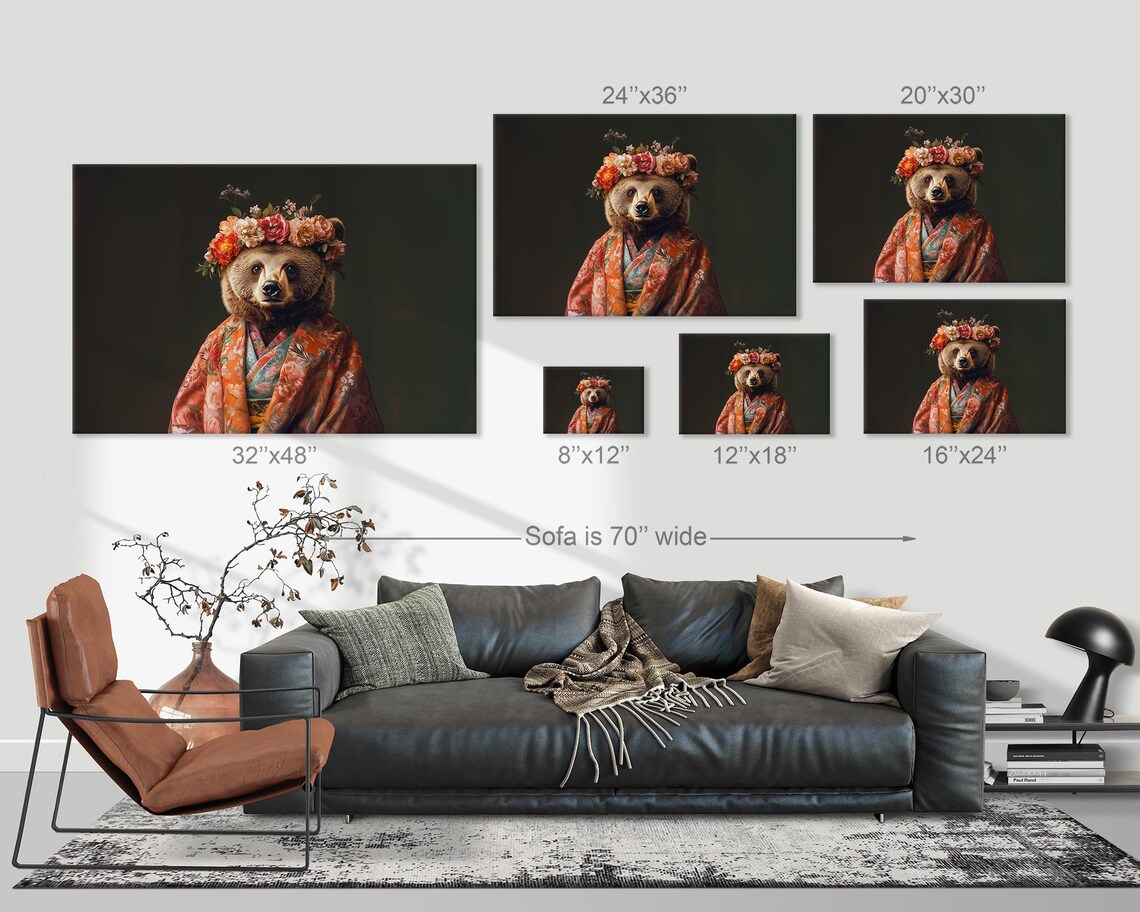 Brown Bear Flower Crown Kimono Maximalist Animal Portrait Poster - Image 3