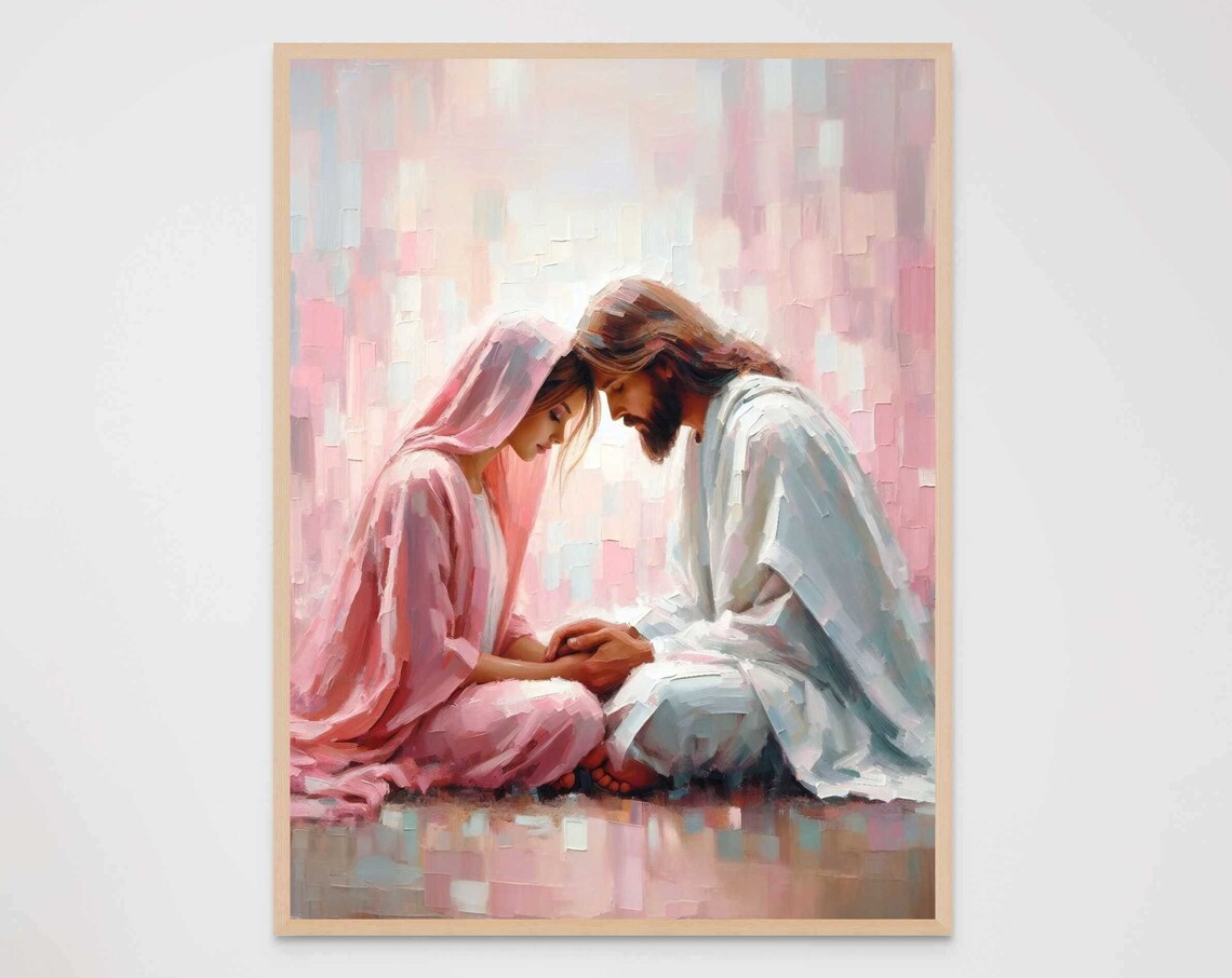 Jesus Sitting With Veiled Woman in Soft Pink Prayer Art Poster