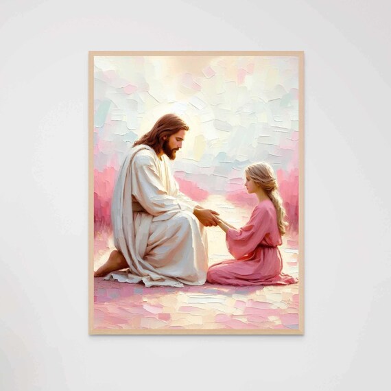 Jesus Kneeling Hand in Hand With Girl in Pink Soft Pastel Art Poster