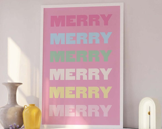 Pastel Merry Print Art Cute Pink Christmas Decor Boho Holiday Wall Art Trendy Christmas Art Print
