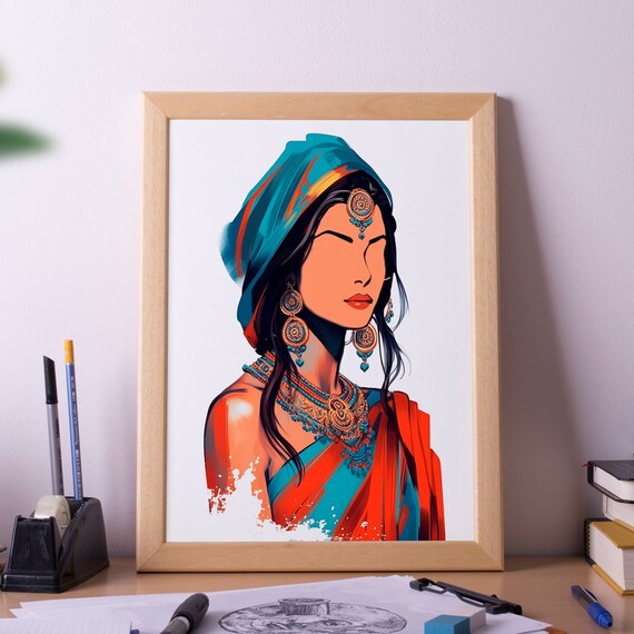 Indian Woman Teal Turban Gold Jewelry Modern Art Portrait Poster