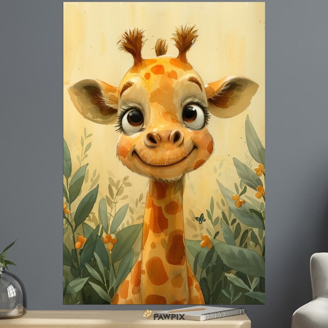 Smiling Baby Giraffe Watercolor Jungle Leaves Kids Nursery Wall Art - Image 2