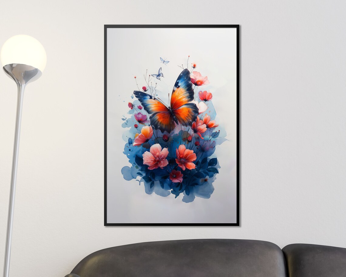 Orange Blue Butterfly Watercolor Floral Botanical Art Print Poster - Image 3