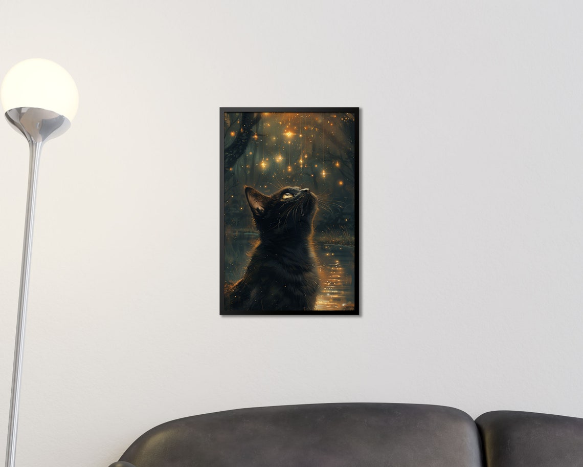 Black Cat Gazing At Fireflies Magical Night Forest Art Poster - Image 2