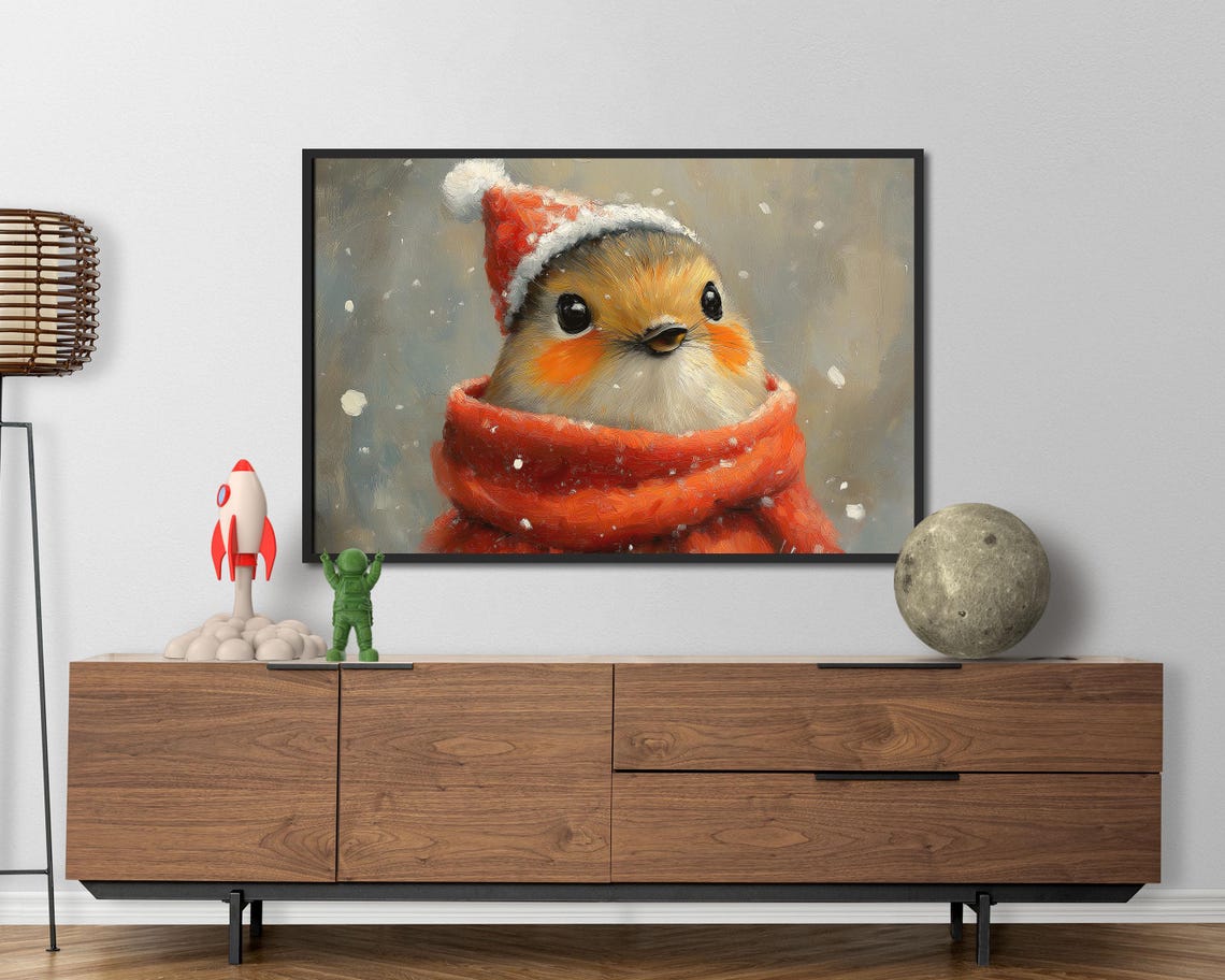 Robin Bird In Red Santa Hat And Scarf Snowy Christmas Art Poster - Image 4