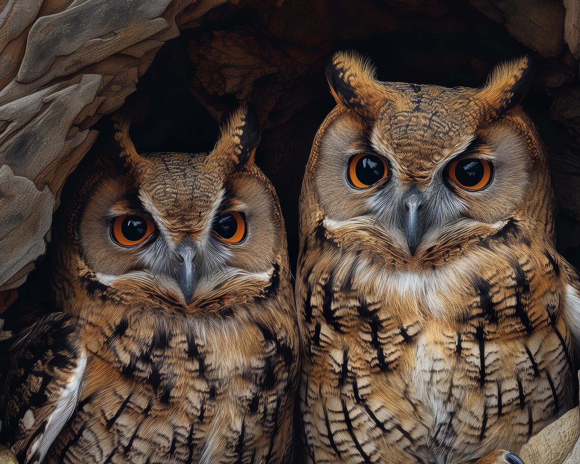 Owl Couple Peeking From Tree Hollow Wildlife Photography Poster - Image 2