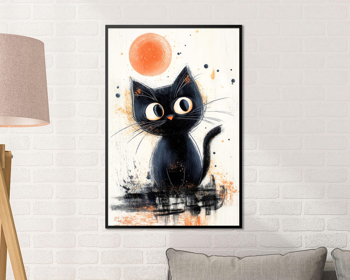 Black Cat Under Orange Moon Japanese Ink Style Minimal Wall Art - Image 4