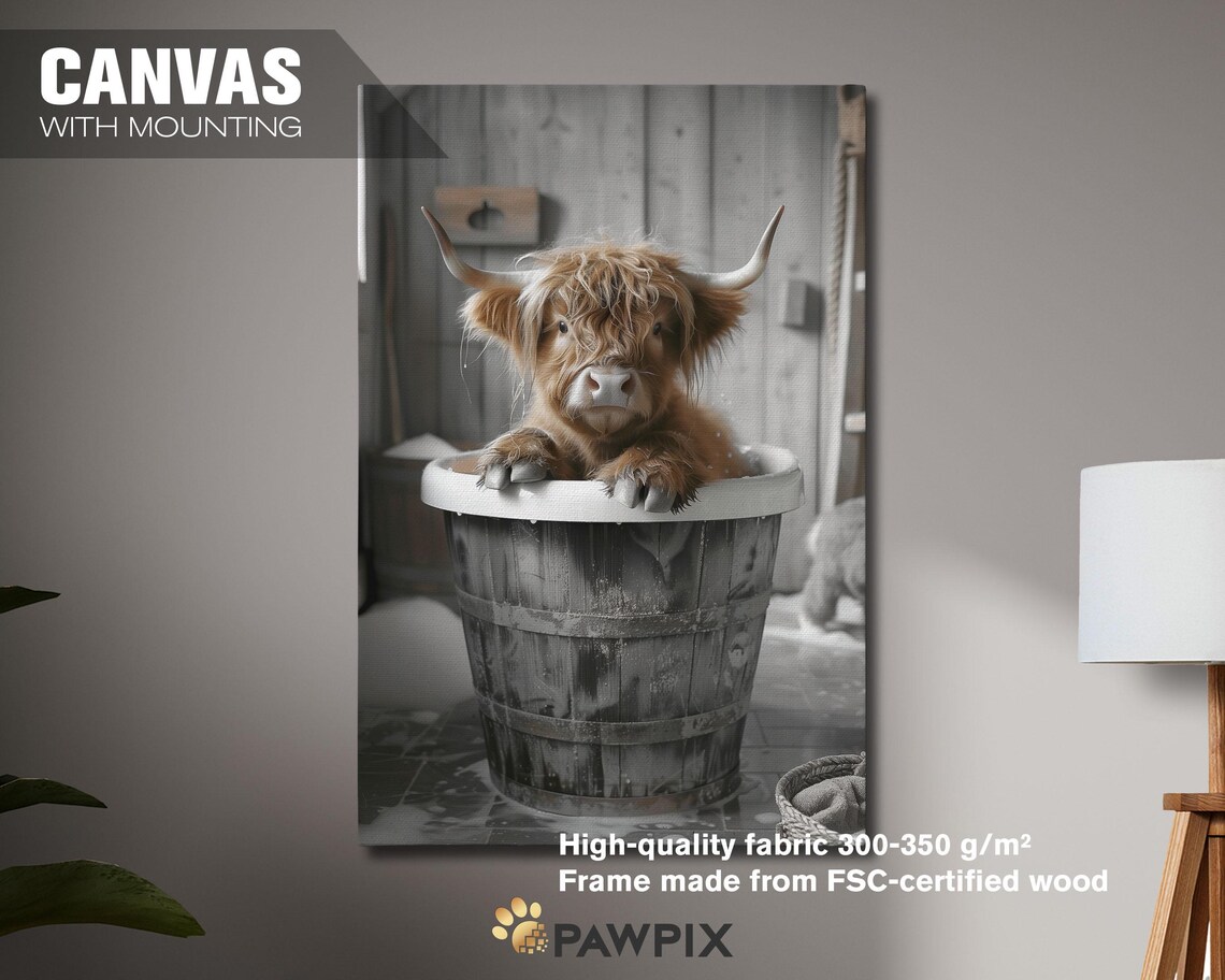 Baby Highland Cow Wooden Tub Bath Funny Farmhouse Bathroom Wall Art - Image 2