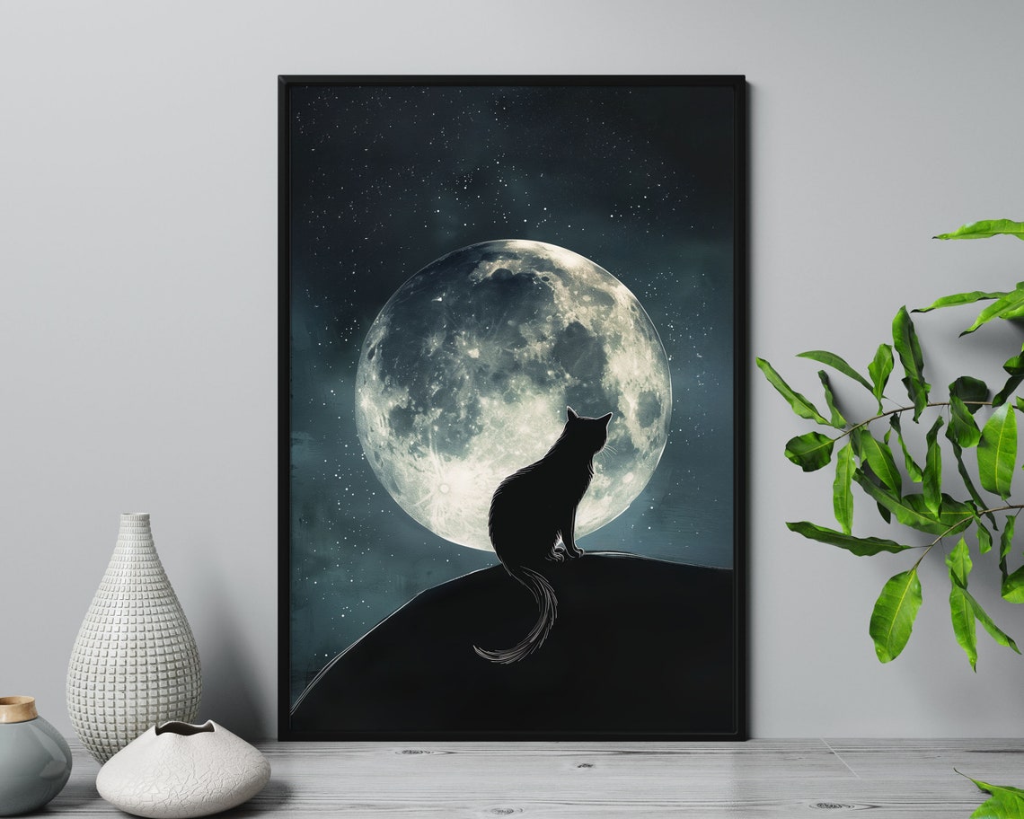 Black Cat Silhouette Under Full Moon Starry Night Celestial Art Print - Image 5