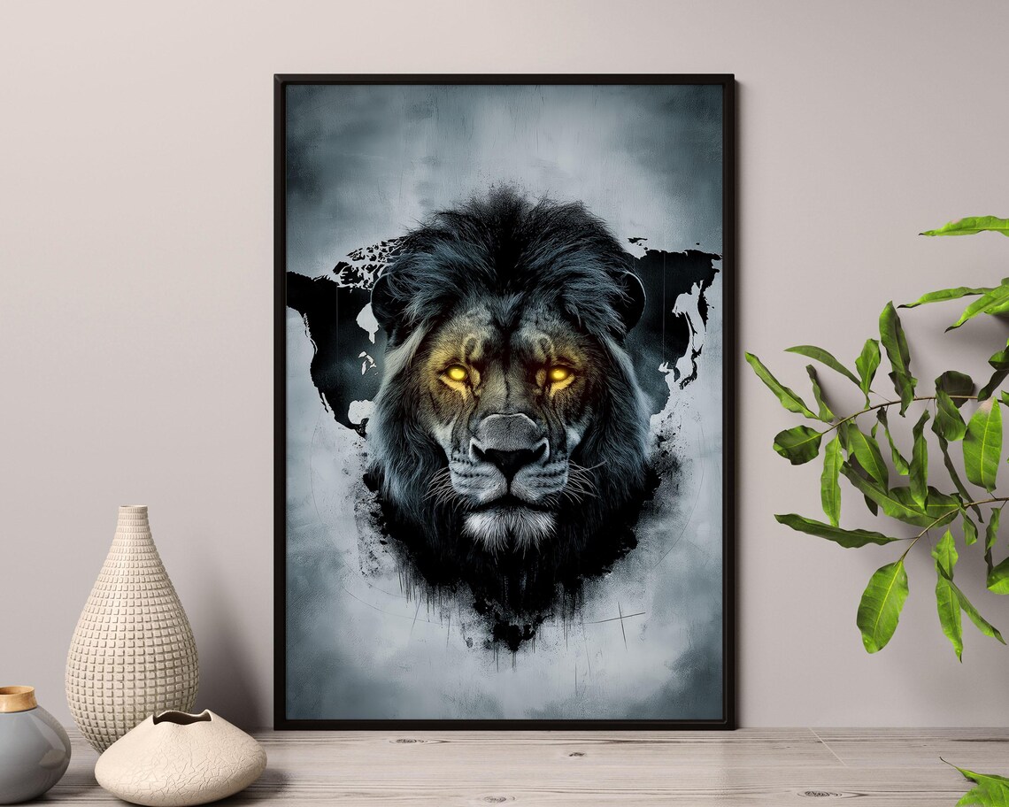 Majestic Lion With Glowing Golden Eyes Dark Dramatic Art Poster - Image 2