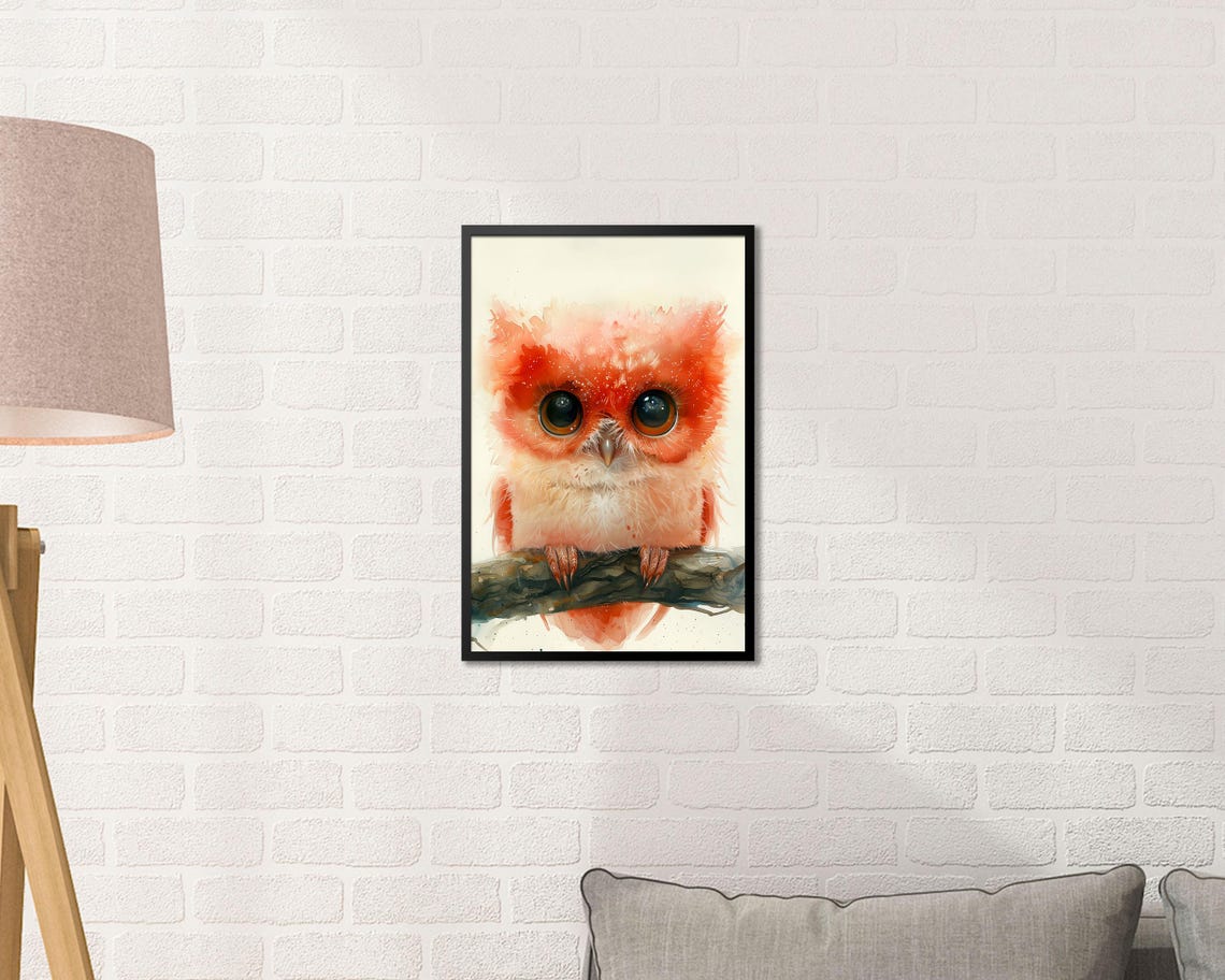 Fluffy Coral Owl Baby Watercolor Branch Cute Nursery Wall Art - Image 2