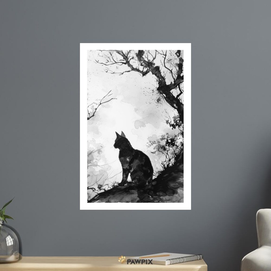 Chat Noir 7 Solitary Black Cat Twisted Tree Zen Ink Wash Minimalist Poster - Image 4