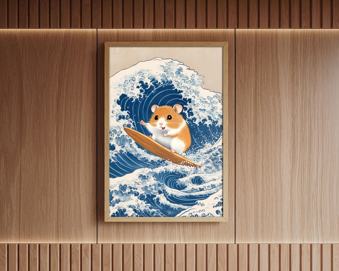 Surfing Hamster Riding Great Wave Japanese Wave Art Funny Poster - Image 3