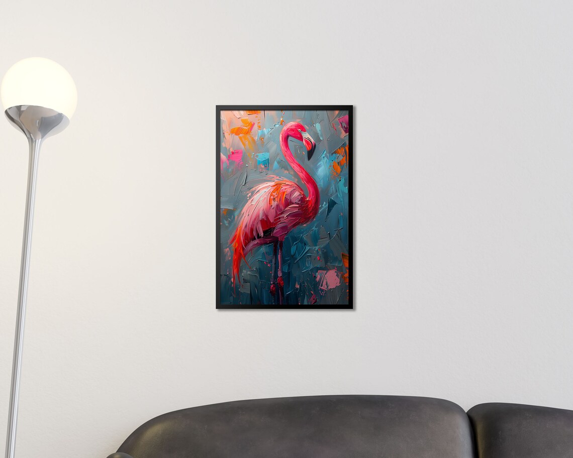 Pink Flamingo Thick Impasto Oil Painting on Teal Abstract Art Print - Image 2