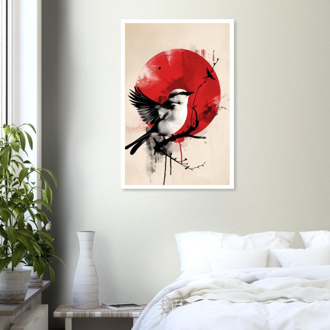 Swallow Red Sun Ink Wash Perched Branch Minimalist Japanese Art Poster