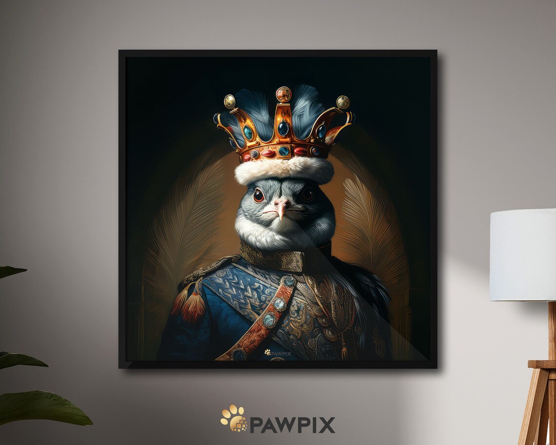 Royal Pigeon In Jeweled Crown Regal Bird Portrait Wall Art Poster