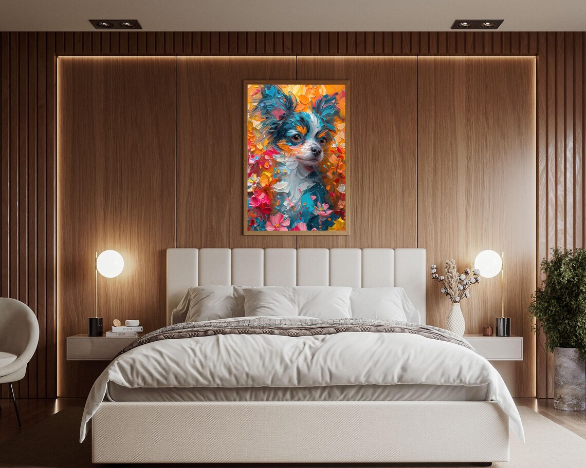 Colorful Impasto Dog Among Bright Flowers Vibrant Floral Wall Art - Image 5