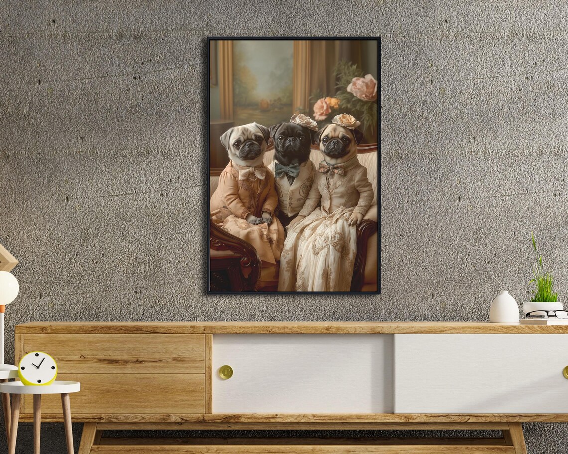 Victorian Pug Family Portrait Three Pugs In Vintage Attire Poster - Image 4