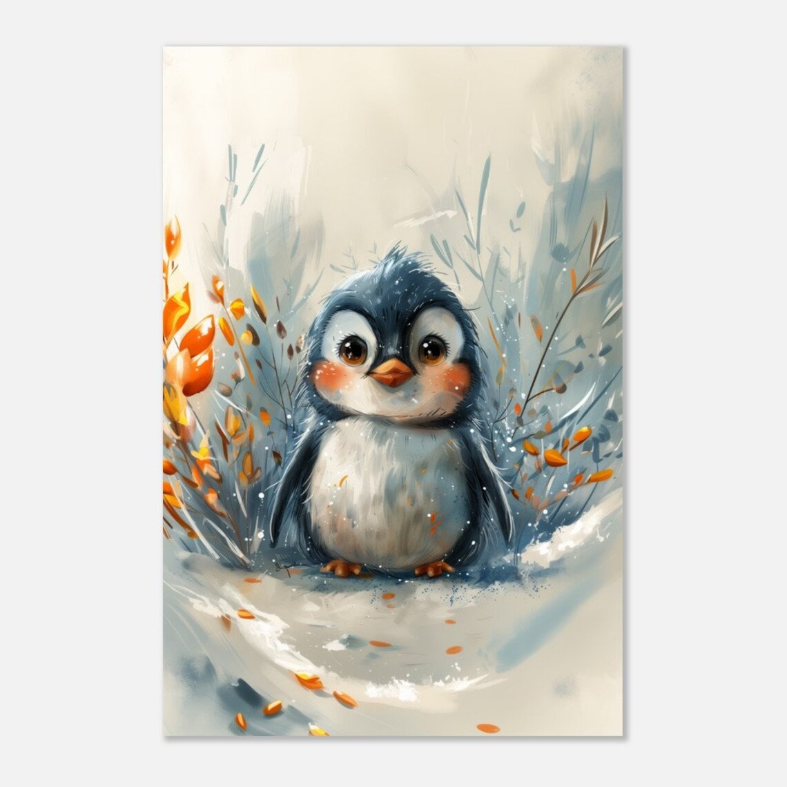 Cute Baby Penguin Snow Watercolor Rosy Cheeks Winter Nursery Poster - Image 3